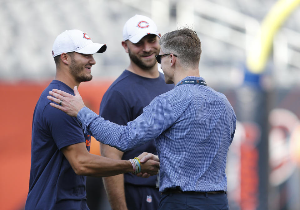 Chicago Bears GM Ryan Pace (R) is supporting Mitch Trubisky (L) as the teams's starting QB for now. (Photo by Nuccio DiNuzzo/Getty Images)