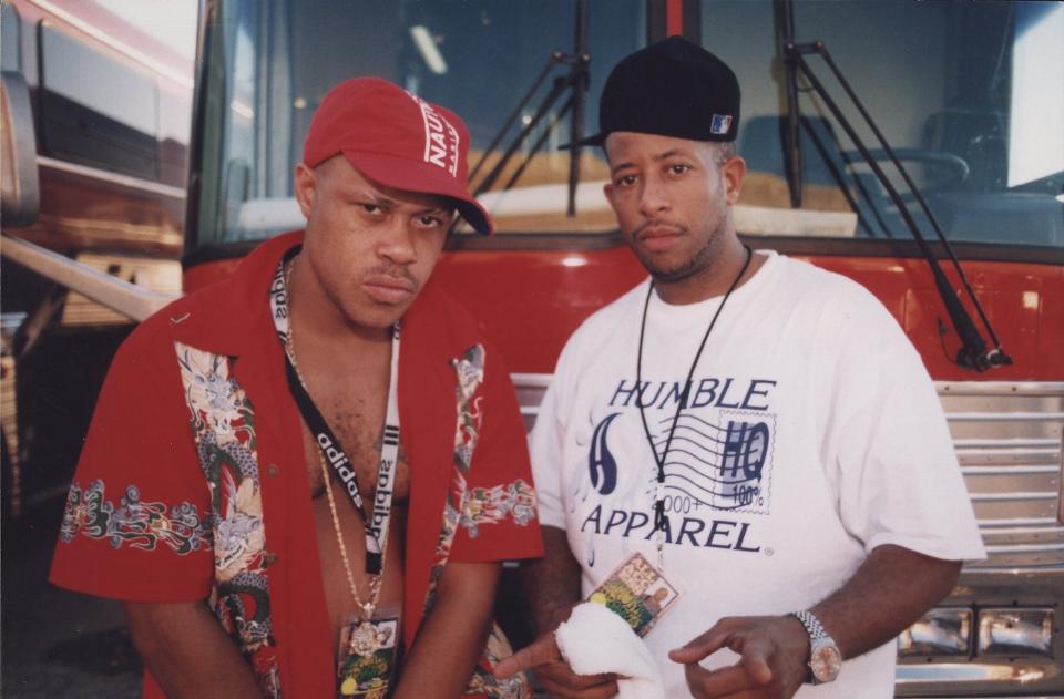 Rapper Guru (Keith Edward Elam) and DJ Premier (Christopher Edward Martin) of Gang Starr poses for photos at their tour bus outside the International Amphitheatre prior to their performance in Chicago, Illinois in July 1998.