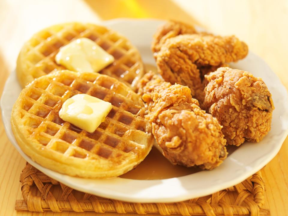 Fried chicken and waffles meal.