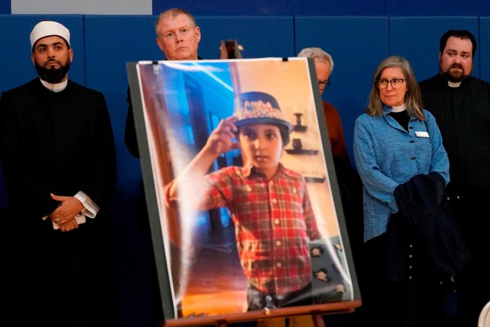 PHOTO: In this Oct. 17, 2023, file photo, mourners attend a vigil for Wadea Al-Fayoume at Prairie Activity and Recreation center in Plainfield, Ill. (Nam Y. Huh/AP, FILE)