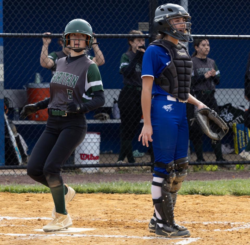 Raritan’s Julia DelMasto crosses the plate for her team’s first run of game. Raritan Softball defeats Holmdel 5-2 on April 19, 2024 in Holmdel, NJ.