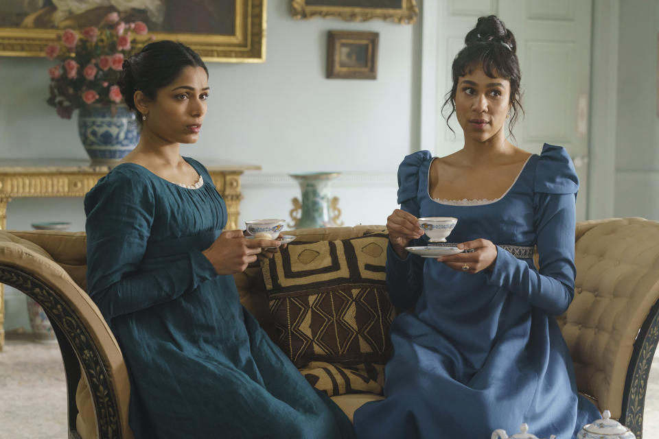 This image released by Bleecker Street shows Freida Pinto, left, and Zawe Ashton in a scene from "Mr. Malcolm's List." (Ross Ferguson/Bleecker Street via AP)