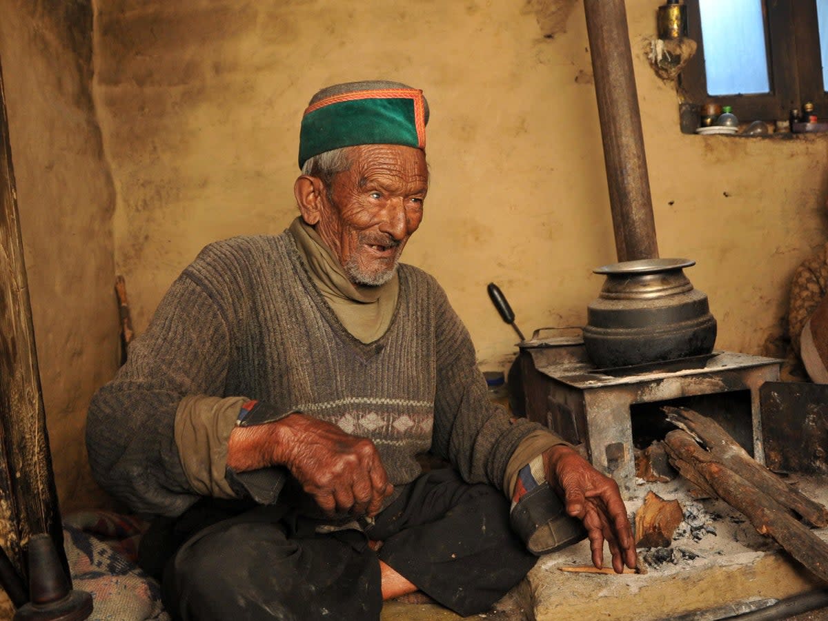 File. In this photograph taken on April 24, 2014, Indian resident Shyam Saran Negi gestures as he speaks at his home at Kalpa in Kinnaur District in the northern State of Himachal Pradesh (AFP via Getty Images)