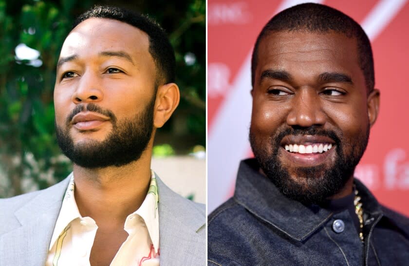 Left, January 2021 photo of John Legend. Right, Kanye West attends the 2019 FGI Night Of Stars Gala in New York City in October 2019 in New York City