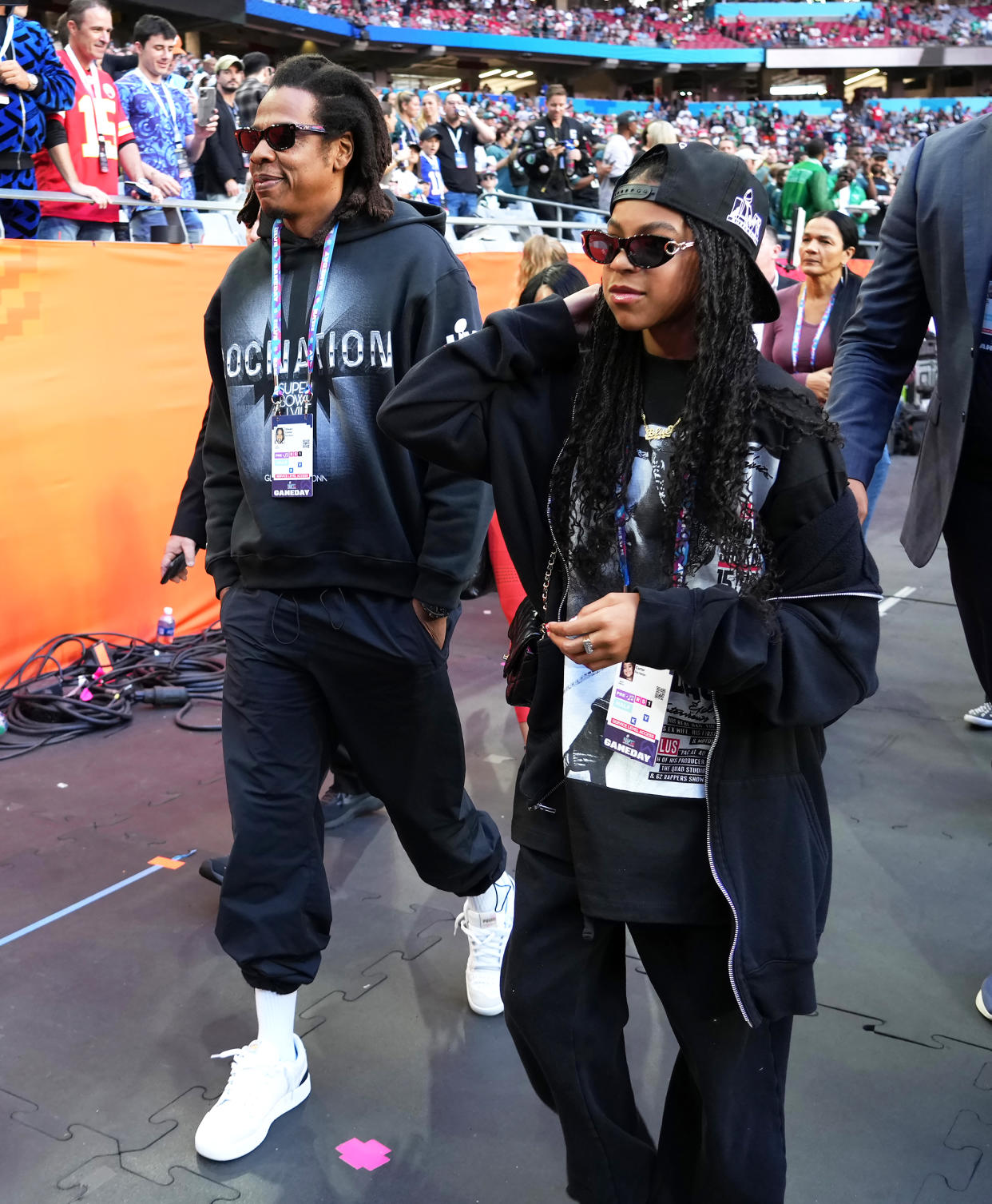 Jay-Z and Blue Ivy Carter at the Super Bowl LVII. (Kevin Mazur / Getty Images for Roc Nation)