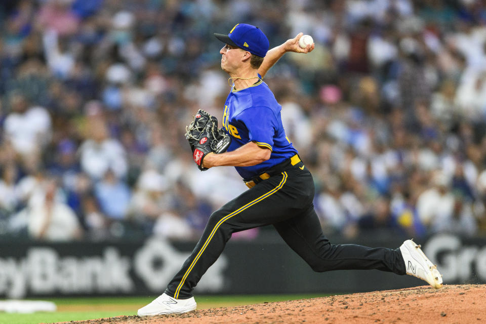 Seattle Mariners relief pitcher Trevor Gott throws to a Tampa Bay Rays batter during the fifth inning of a baseball game Friday, June 30, 2023, in Seattle. (AP Photo/Caean Couto)