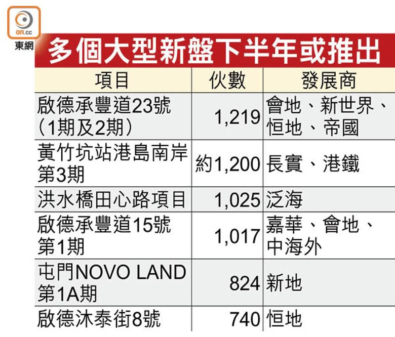 多個大型新盤下半年或推出