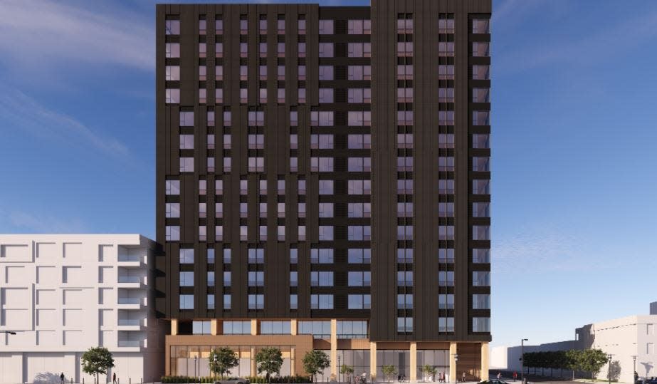 Harbor Bay Ventures of Illinois is proposing a 13-story apartment building, shown here in an earlier 15-story conceptual rendering, at 1479 N. High St. in the University District, on the site of the Bier Stube bar.