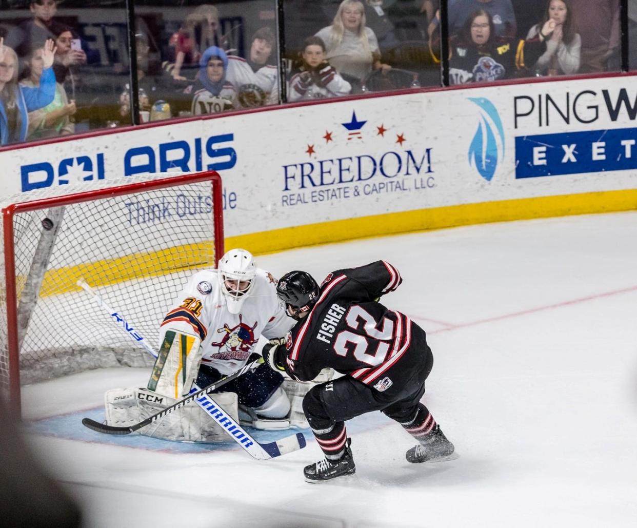 Huntsville winger Robbie Fisher nets the game-winner against Rivermen goaltender Nick Latinovich on a breakaway with 3:47 left in Peoria's 3-2 loss in Game 1 of the SPHL President's Cup Finals at Propst Arena in Huntsville, Ala., on Thursday, April 25, 2024.