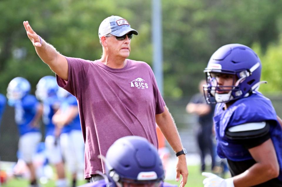 New Martha's Vineyard head coach Tony Mottola guides his team through a scrimmage Tuesday with Upper Cape Tech in Mashpee.