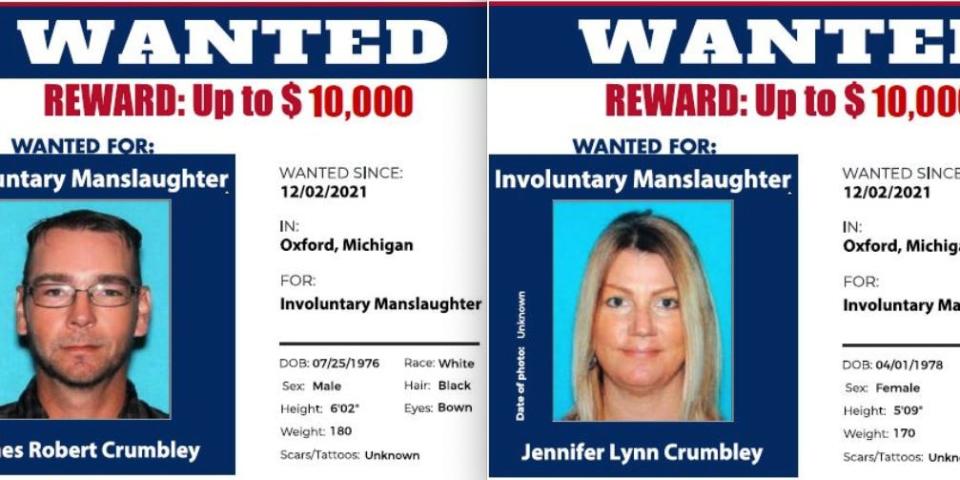 Wanted posters for James and Jennifer Crumbley, parents of the suspect in the Oxford High School shooting in Michigan.