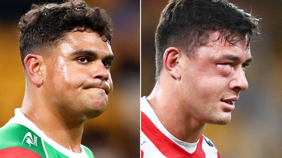 Seen here, Latrell Mitchell after his high shot on Roosters rival Joey Manu.