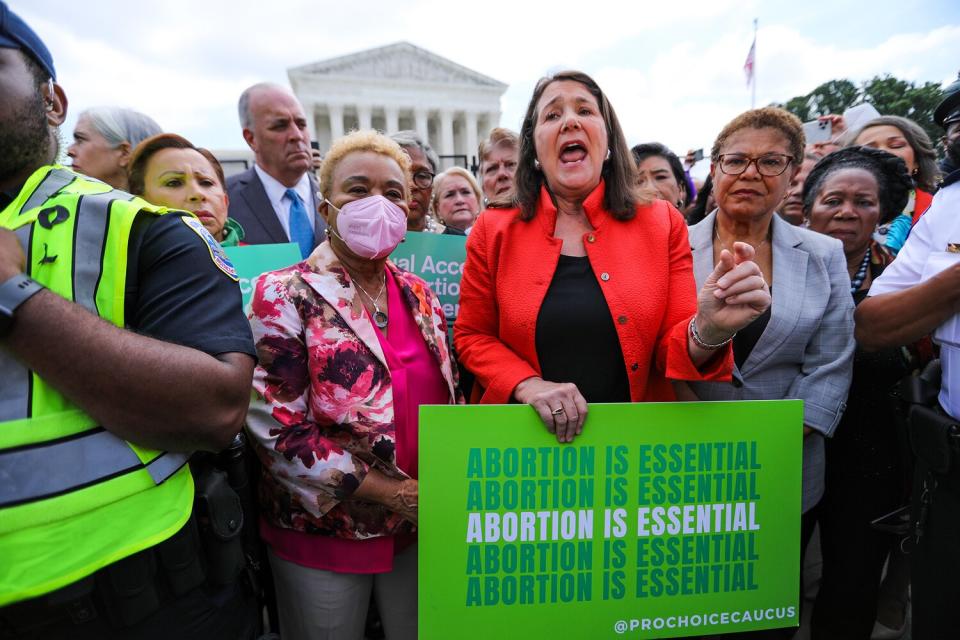 A large group of House Democrats speak in front of the Supreme Court following the Dobbs v Jackson Womens Health Organization decision overturning Roe v Wade was handed down at the U.S. Supreme Court on Friday, June 24, 2022.