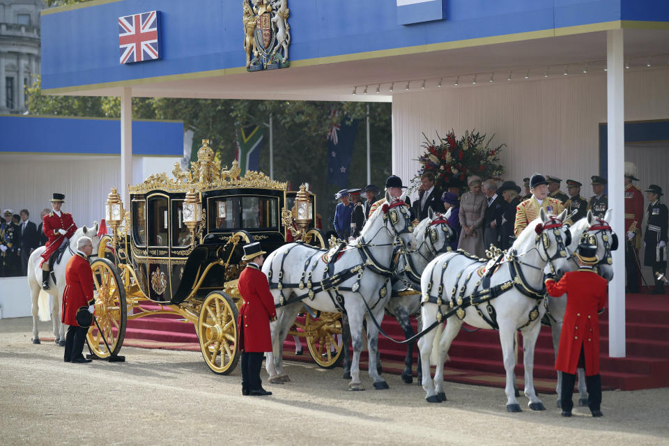 The carriage for of the ceremonial welcome for King Willem-Alexander and Queen Maxima of the Netherlands is seen during their ceremonial welcome at Horse Guards Parade in London, Tuesday, Oct. 23, 2018. (Christopher Furlong/Pool Photo via AP)