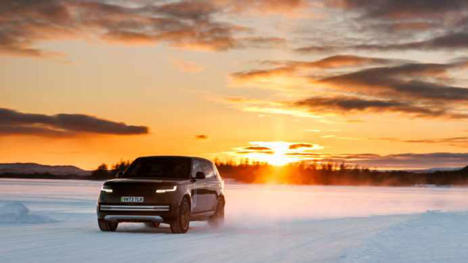 The Range Rover Electric undergoing testing on the frozen lakes of Sweden