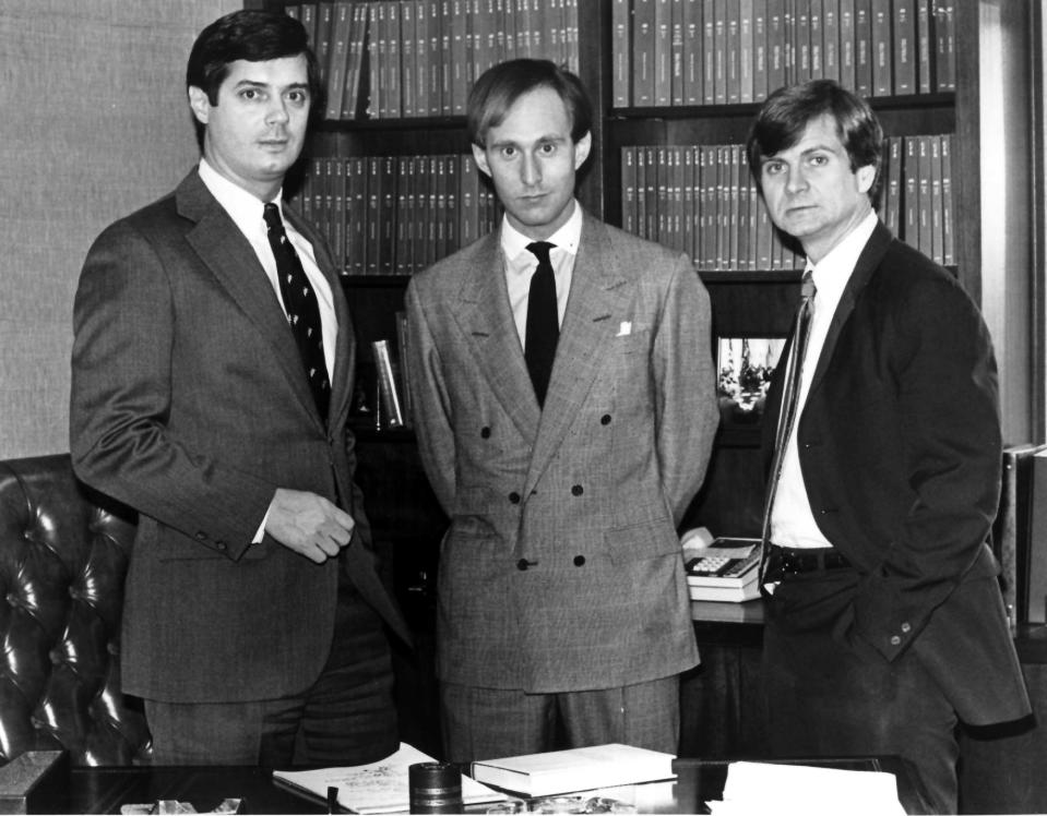 Paul Manafort, left, Roger Stone, center, and Lee Atwater were young Republican political operatives who set up lobbying firms. (Photo: Harry Naltchayan/The Washington Post via Getty Images)