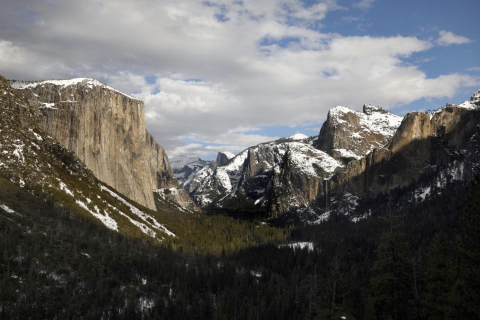 El Capitan and Cathedral Rocks dusted with snow.