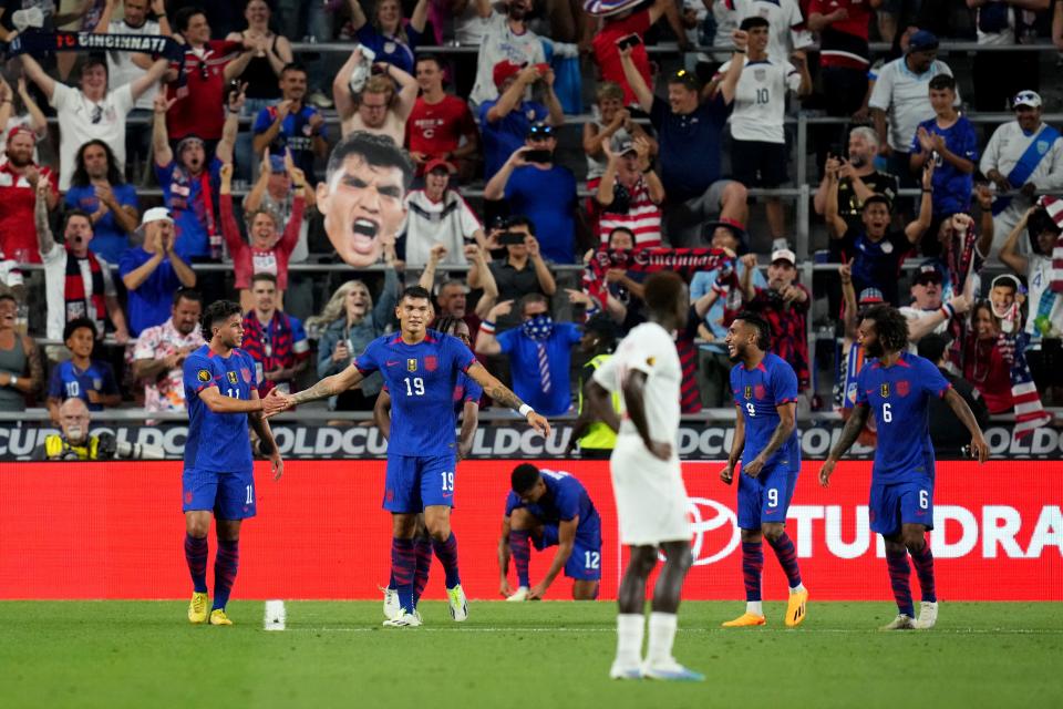 United States forward Brandon Vazquez (19) is congratulated after scoring a goal during the second half of a Gold Cup quarterfinal match between the United States and Canada, Sunday, July 9, 2023, at TQL Stadium in Cincinnati. Vazquez, along with Matt Miazga, are expected to return after a five-match absence.