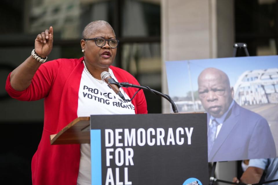 WASHINGTON, DC – JULY 15: Melanie Campbell, CEO of the National Coalition on Black Civic Participation, speaks during a news conference outside the AFL-CIO headquarters on July 15, 2021 in Washington, DC. The organized labor advocates called for the Senate to repeal the filibuster to allow passage of several bills they support, including the For The People Act and The John Lewis Voting Rights Act. (Photo by Drew Angerer/Getty Images)