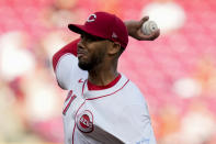 Cincinnati Reds starting pitcher Hunter Greene throws in the first inning of a baseball game against the Philadelphia Phillies, Monday, April 22, 2024, in Cincinnati. (AP Photo/Carolyn Kaster)