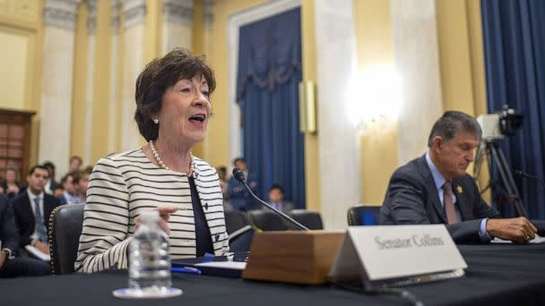 PHOTO: Sen. Susan Collins speaks as Sen. Joe Manchin looks on during a Senate Rules and Administration hearing examining on reforming the Electoral Count Act at the U.S. Capitol in Washington, D.C., Aug. 3, 2022. (Bonnie Cash/UPI/Shutterstock)