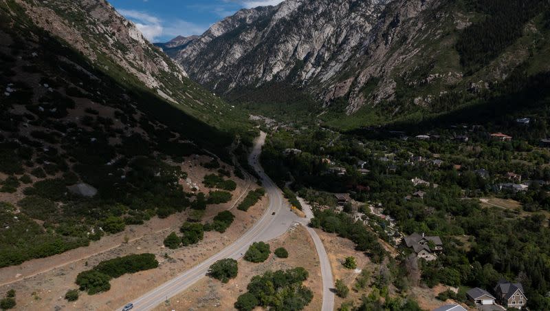 A potential site for the base station of a gondola, in the bottom center of the image between North Little Cottonwood Road and a private drive, is pictured at the base of Little Cottonwood Canyon on June 29, 2021.