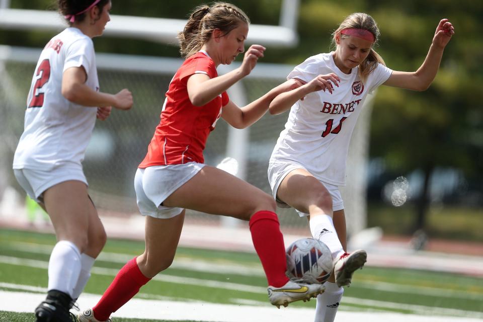 Chatham Glenwood's Makenna Yeager contests for the ball against Lisle Benet Academy during the Class 2A girls soccer state championship game at Benedetti–Wehrli Stadium in Naperville on Saturday, June 3, 2023.