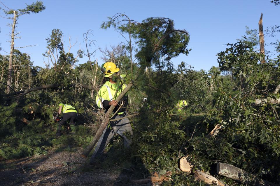 A crew works to clear downed trees, Friday, Aug. 18, 2023, in Scituate, R.I., after severe weather swept through the area. (AP Photo/Michael Dwyer)