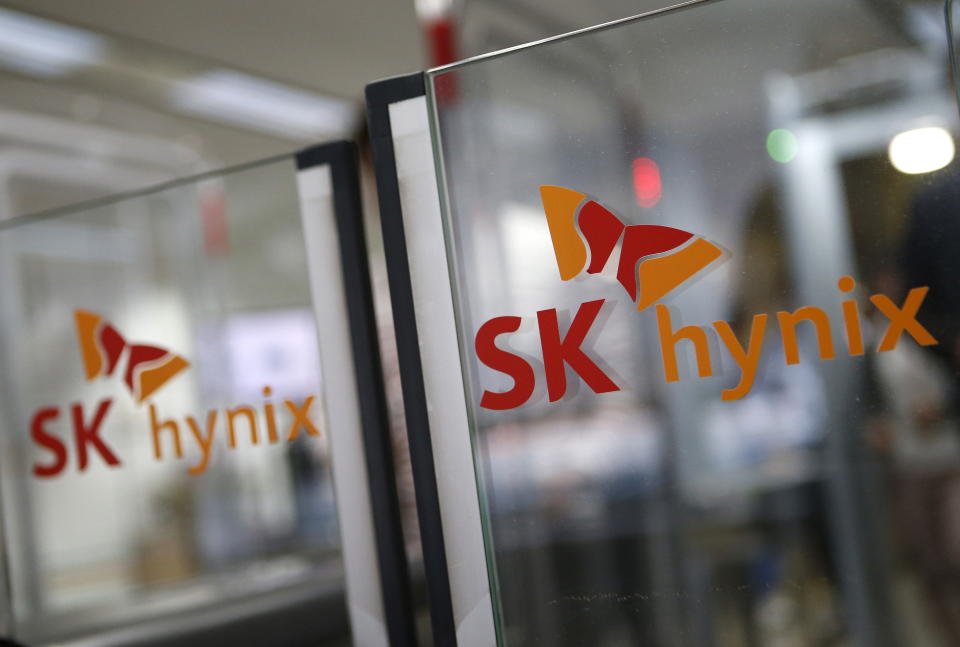 The logos of SK Hynix is seen at its headquarters in Seongnam, South Korea, April 25, 2016. REUTERS/Kim Hong-Ji