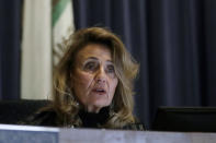 California Public Utilities Commission President Marybel Batjer speaks during a meeting at CPUC headquarters in San Francisco, Friday, Oct. 18, 2019. (AP Photo/Jeff Chiu)