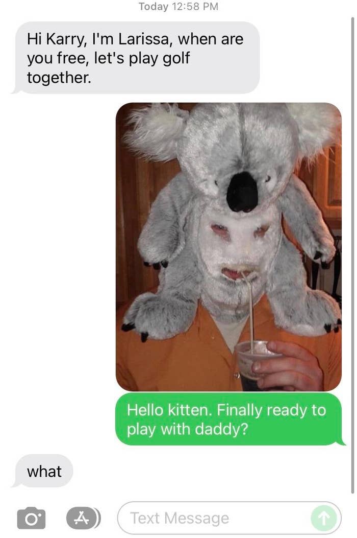 Text messages shown. Larissa invites Karry to play golf. Karry replies with a photo of himself wearing a koala hat, sipping a drink, and asks if she is ready to play with "daddy." Larissa responds with "what."