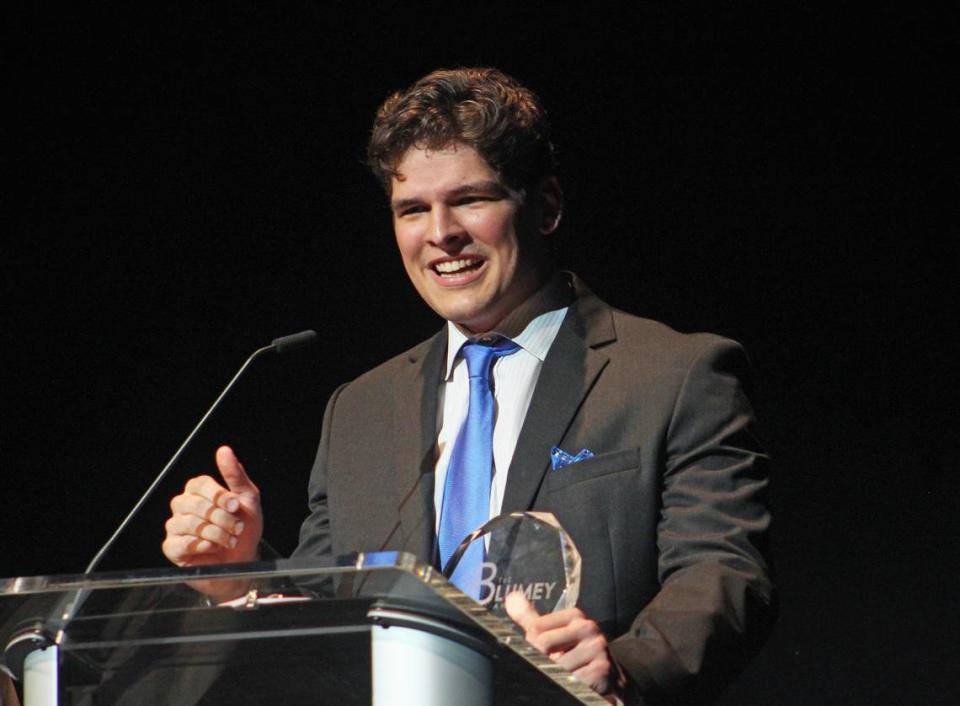 Josh Moraja accepting his award for Best Supporting Actor at the Blumey Awards in May. Daniel Coston/Blumenthal Performing Arts