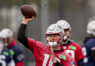 New England Patriots quarterback Mac Jones attends a practice session in Frankfurt, Germany, Friday, Nov. 10, 2023. The New England Patriots will play against the Indiana Colts in a NFL game on Sunday. (AP Photo/Michael Probst)