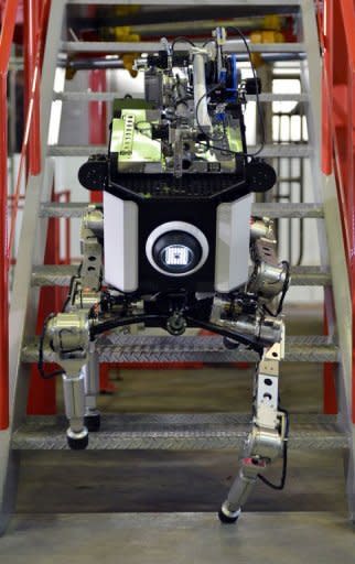 Toshiba's four-legged robot climbs steps during a demonstration at Toshiba's technical center in Yokohama, suburban Tokyo. Toshiba engineer Goro Yanase said the as-yet unnamed robot could be upgraded to carry more than 80 kilograms, climb ladders and step over obstacles up to 50 centimetres (20 inches) high