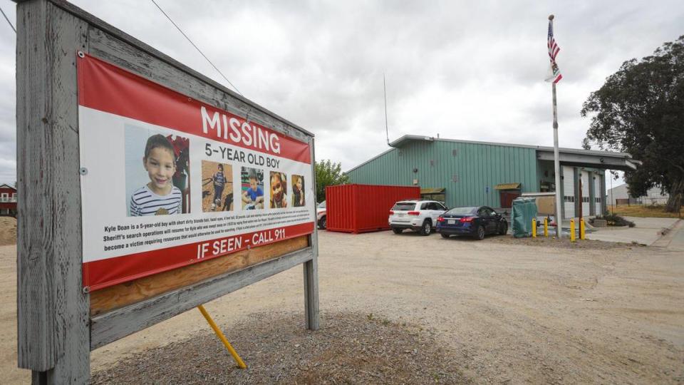 Missing person signs for 5-year-old Kyle Doan can be found in several places in San Miguel, including next to the fire station. Kyle has been missing since he was swept away by floodwaters in San Marcos Creek on Jan. 9, 2023.