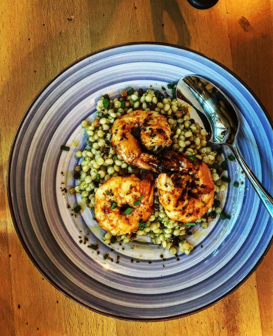 Grilled shrimp and couscous at Fillo Greek Restaurant, in Over-the-Rhine.