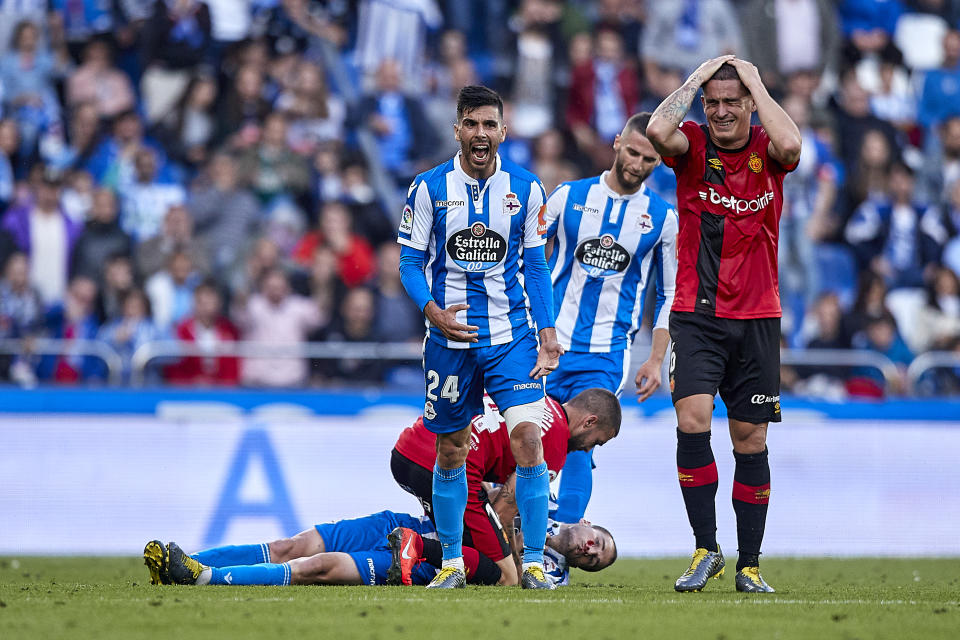 LA CORUNA, SPAIN - JUNE 20: Alex Bergantinos of Deportivo de La Coruna lies injured during the La Liga 123 play off match between Deportivo De La Coruna and RCD Mallorca at Estadio Abanca-Riazor on June 20, 2019 in La Coruna, Spain. (Photo by Quality Sport Images/Getty Images)