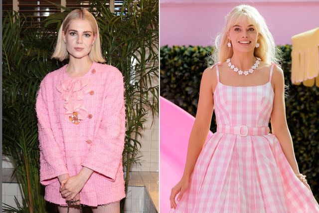 <p>Getty; Jaap Buitendijk/Warner Bros.</p> Lucy Boynton and Margot Robbie in 'Barbie'