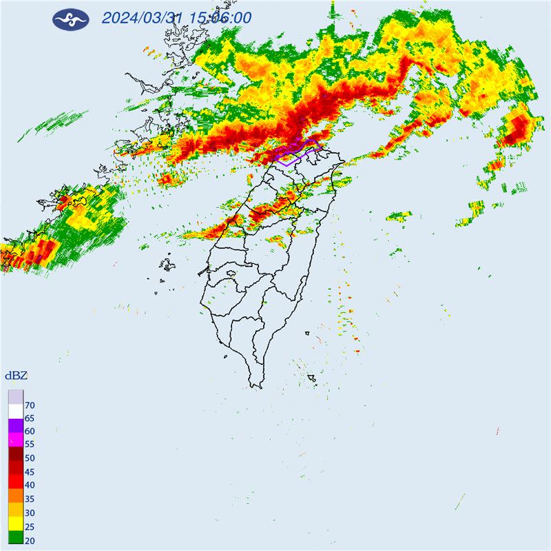 中央氣象署今(31)日15：35發布大雷雨即時訊息。（圖／中央氣象署）