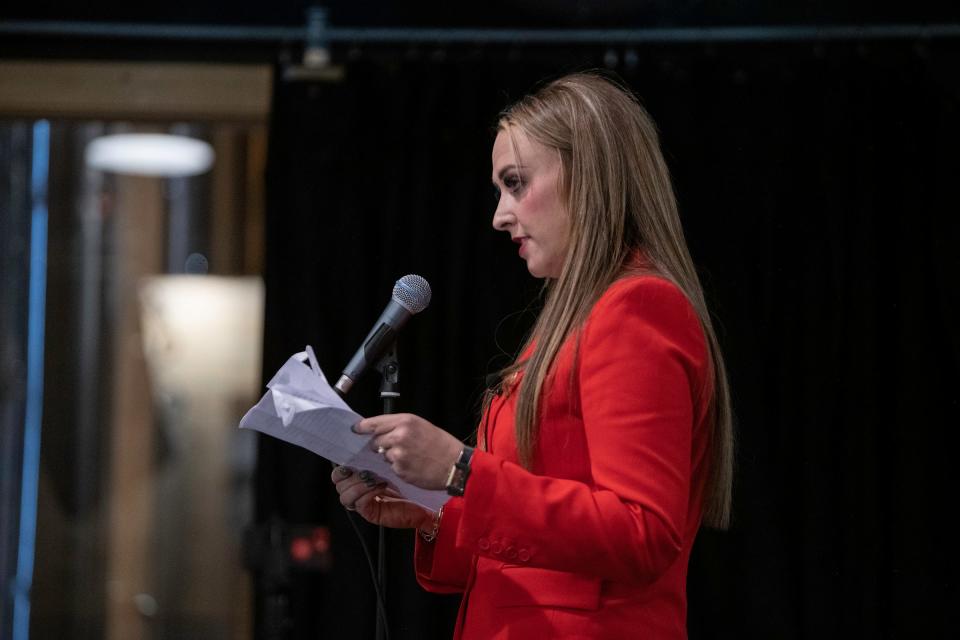 Pueblo City Council President Heather Graham addresses supporters at her mayoral campaign kickoff at Brues Alehouse on Thursday, Nov. 17, 2022.