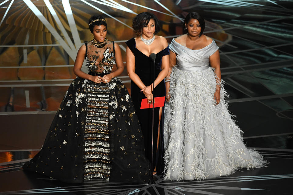 Janelle Monae, Taraji P. Henson and Octavia Spencer speak onstage during the 89th Annual Academy Awards at Hollywood &amp; Highland Center on Feb. 26, 2017 in Hollywood, California.&nbsp;