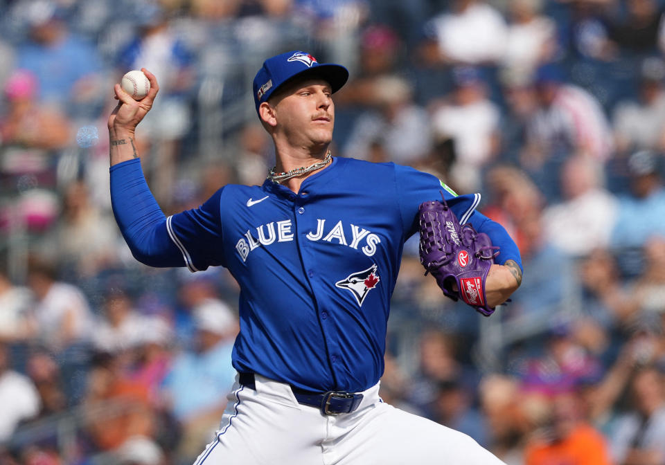 Sep 11, 2024; Toronto, Ontario, CAN; Toronto Blue Jays starting pitcher Bowden Francis (44) throws a pitch against the New York Mets during the first inning at Rogers Centre. Mandatory Credit: Nick Turchiaro-Imagn Images