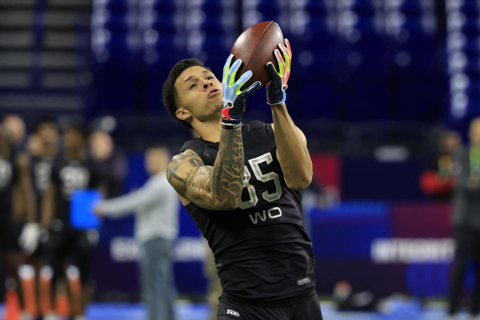 Christian Watson #WO35 of North Dakota State runs a drill during the NFL draft combine