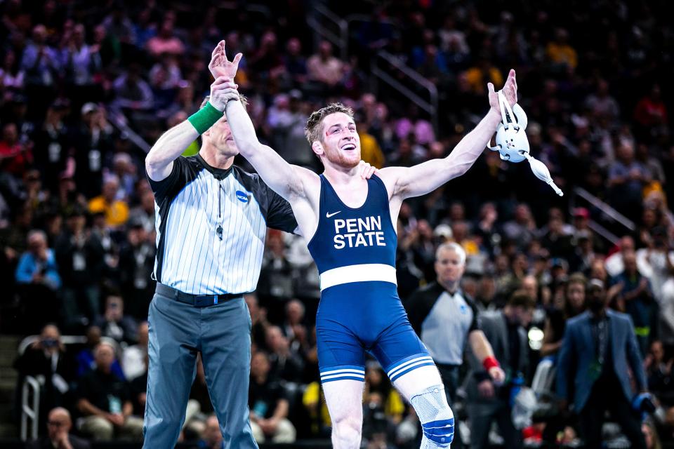 Penn State's Nick Lee reacts after winning the NCAA Division I Wrestling Championships in 2022 in Detroit. He's now one of the favorites at 65 kilograms in the U.S. Olympic Team Trials at Penn State, April 19-20, 2024.