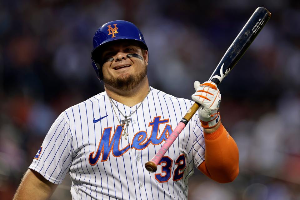 New York Mets designated hitter Daniel Vogelbach reacts after striking out against the Atlanta Braves during the first inning in the second baseball game of a doubleheader Saturday, Aug. 12, 2023, in New York.