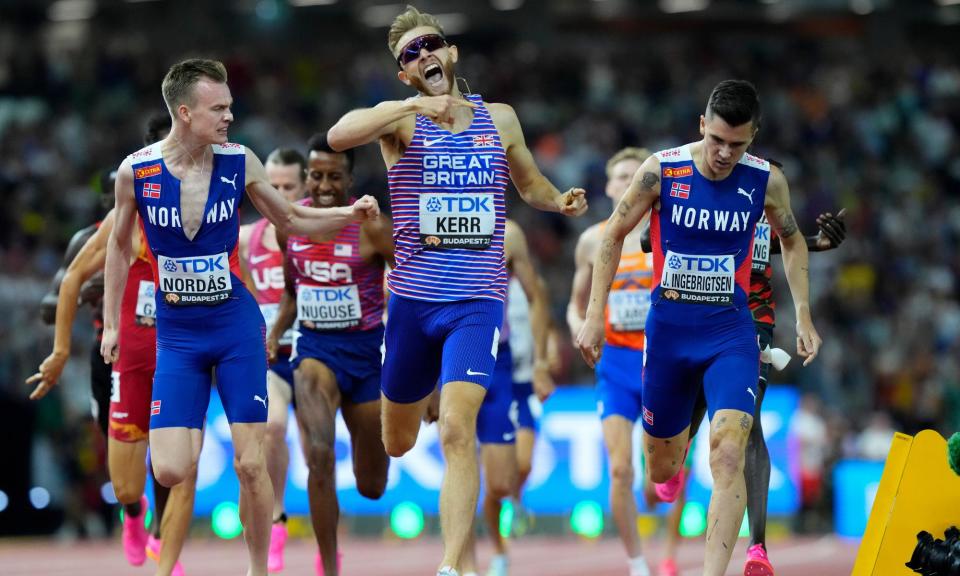 <span>Josh Kerr (centre) will face a tough field in Glasgow despite the absence of Jakob Ingebrigsten (right), who he beat at last year’s world championships in Budapest.</span><span>Photograph: Petr David Josek/AP</span>