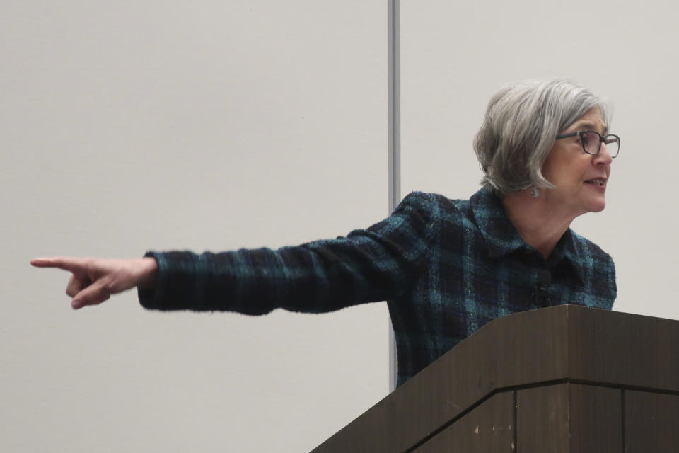 Kansas Senate President Susan Wagle, R-Wichita, a GOP candidate for the U.S. Senate, points at rival candidate Kris Kobach as she makes a point during a debate at statewide GOP convention, Saturday, Feb. 1, 2020, in Olathe, Kan. Wagle blamed Kobach for losing the 2018 governor's race to Democrat Laura Kelly and suggested the GOP will lose the open Senate seat in November if Kobach is the nominee. (AP Photo/John Hanna)