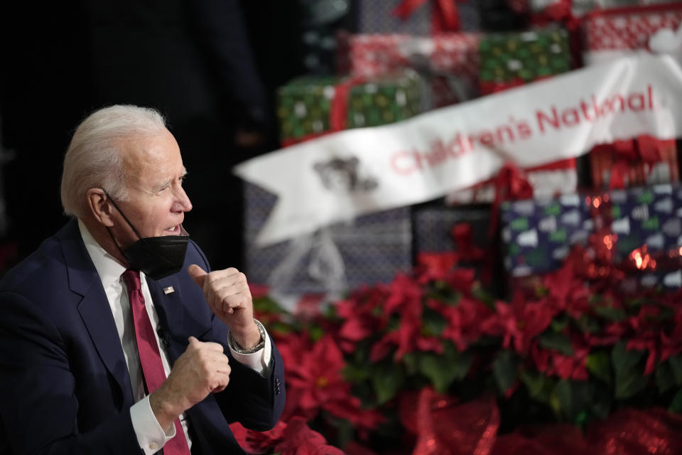 President Joe Biden speaks after first lady Jill Biden read "The Snowy Day" by Ezra Jack Keats at Children's National Hospital in Washington, Friday, Dec. 23, 2022. (AP Photo/Andrew Harnik)