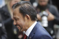 Sultan Haji Hassanal Bolkiah of Brunei arrives for an EU-ASEM summit in Brussels, Friday, Oct. 19, 2018. EU leaders meet with their Asian counterparts Friday to discuss trade, among other issues. (AP Photo/Olivier Matthys)