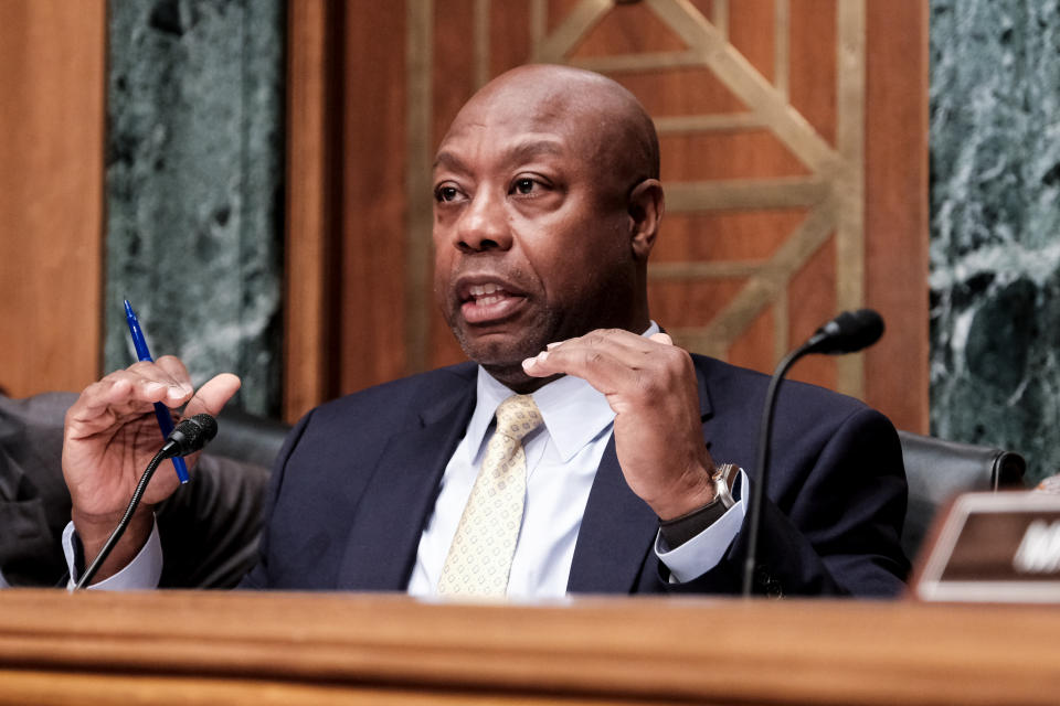 Sen. Tim Scott, R-S.C., speaks during a hearing on Capitol Hill.